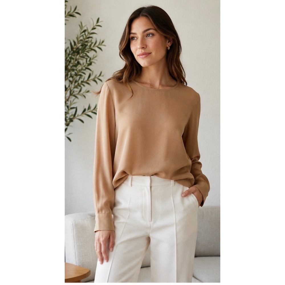 Everlane The Long Sleeve Silk Blouse Women's Size M Tan Silk Minimalist Top‎